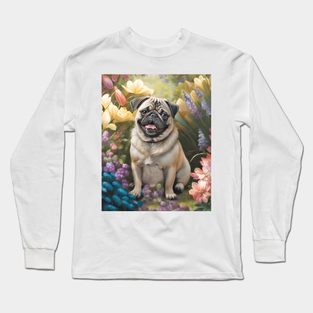 Pug Lovers Cute Pug in Flower Garden Long Sleeve T-Shirt by candiscamera